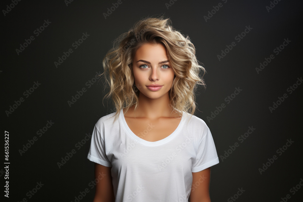 Beautiful young blond woman in white t-shirt isolated on gray background Beautiful young blond woman in white t-shirt isolated on gray background