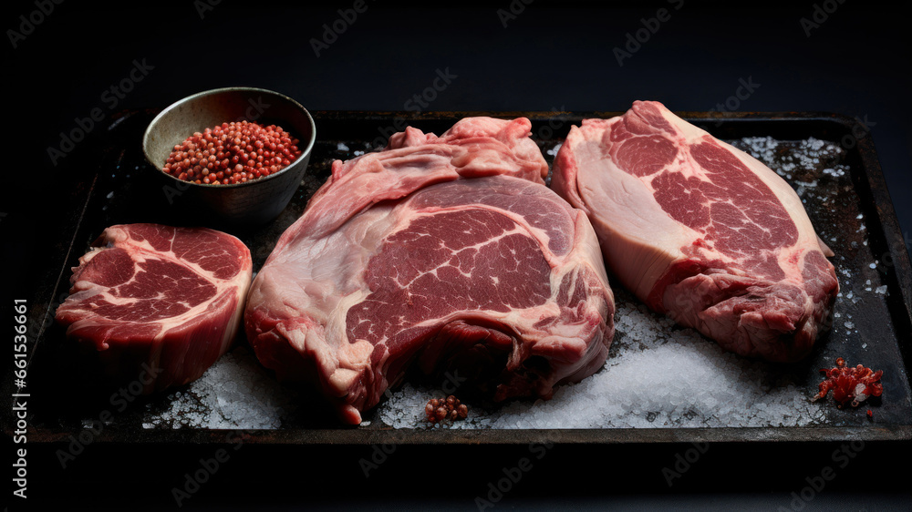 Raw pork steaks with salt and pepper on a black background.