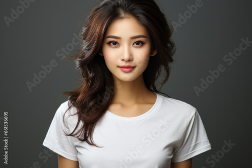Beautiful dark-haired asian woman in t-shirt isolated on gray background