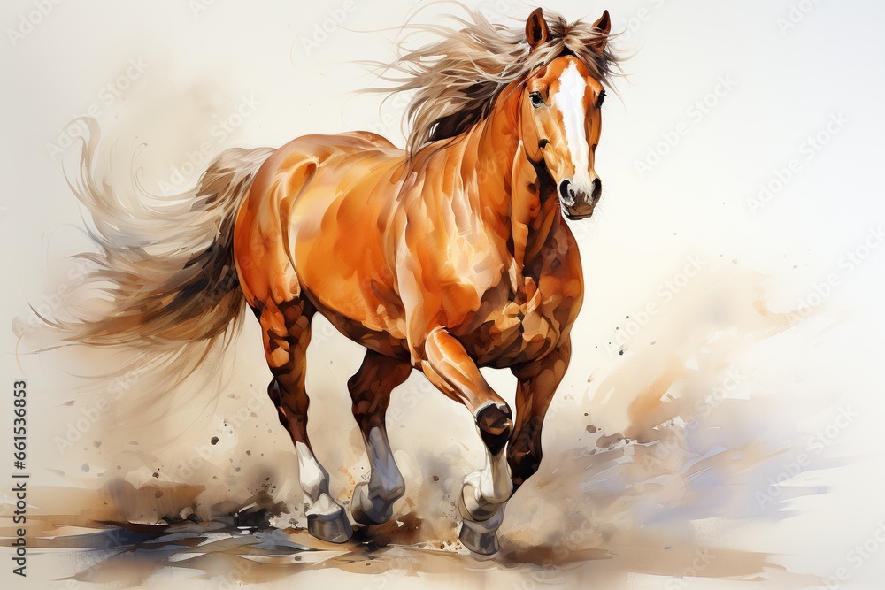 Obraz premium Beautiful chestnut stallion stands proudly in a snowy field, mane flowing in the wind