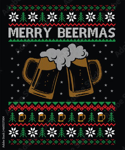 Merry Beermas Ugly Christmas Sweater design, Christmas Beer t-shirt design. Beer Christmas design