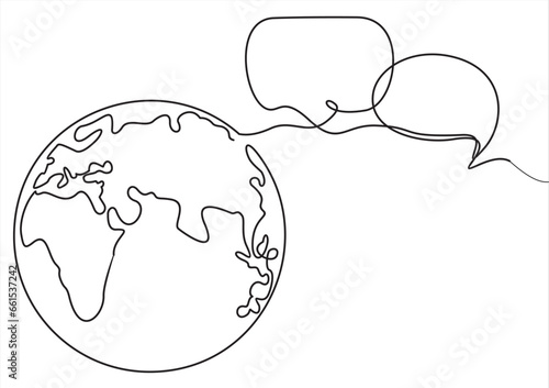 Global business line icon. Continuous one line with curl. World communication sign. Internet marketing symbol. World communication single outline ribbon. Loop curve pattern. Vector