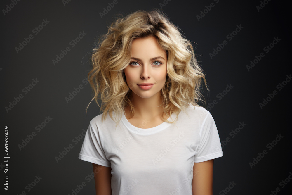 Beautiful young blond woman in white t-shirt isolated on gray background Beautiful young blond woman in white t-shirt isolated on gray background