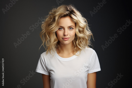 Beautiful young blond woman in white t-shirt isolated on gray background