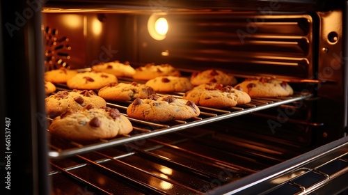 homemade very delicious baked cookies being baked inside the kitchen oven