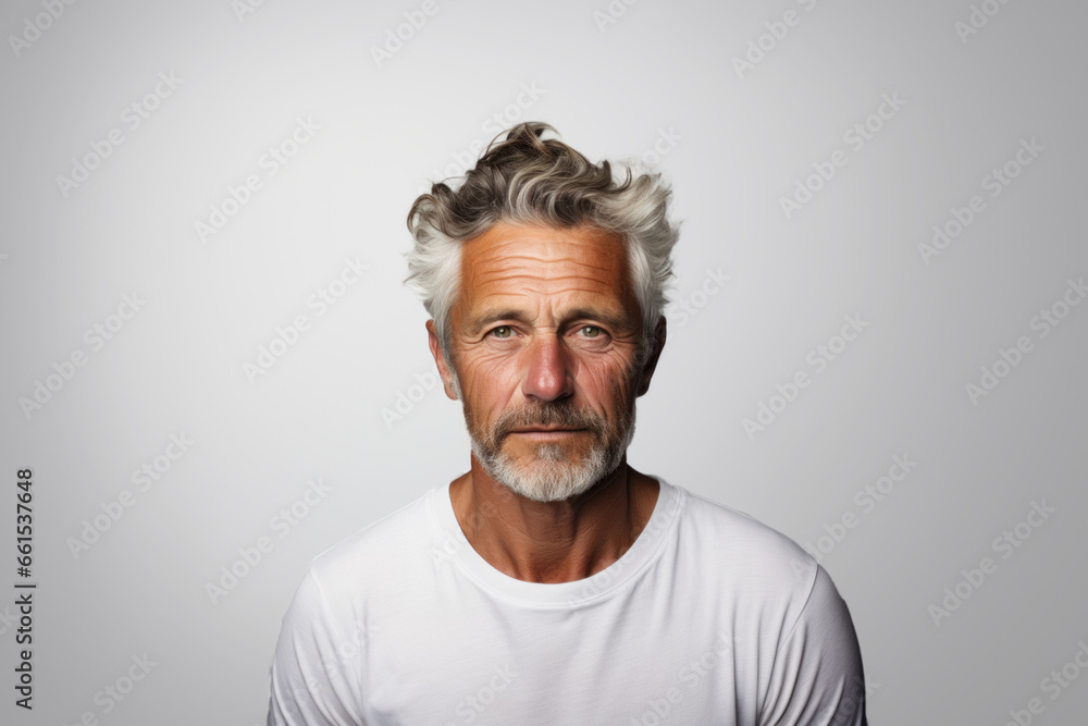 Caucasian senior bearded man in white t-shirt on gray background Caucasian senior bearded man in white t-shirt on gray background