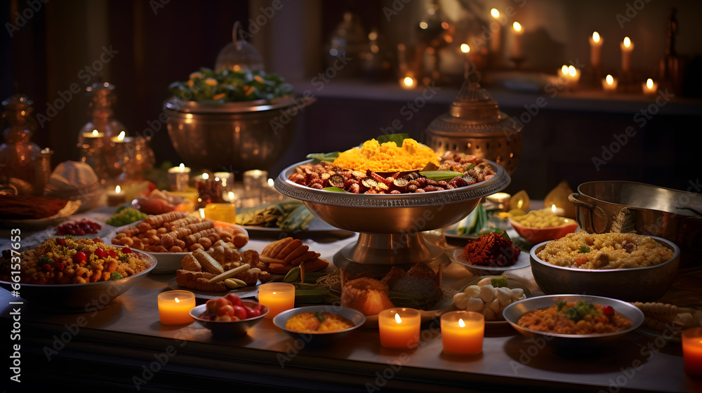 Capture a heartwarming moment of families and friends enjoying a lavish Diwali feast. Highlight the delectable dishes, traditional serving ware, and the joyous atmosphere.