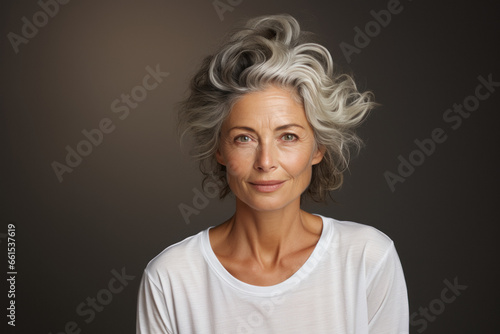 Caucasian senior woman in white t-shirt on dark brown background