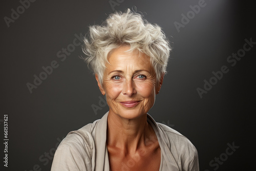 Caucasian senior woman in casual clothes on dark gray background