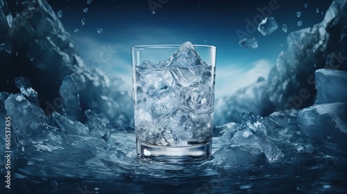 pure clear water with ice cubes in transparent glass cup