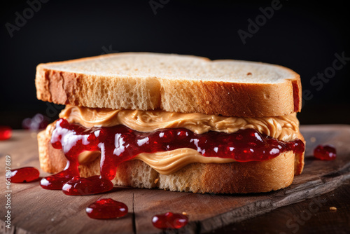 Peanut butter and jelly sandwich on black background