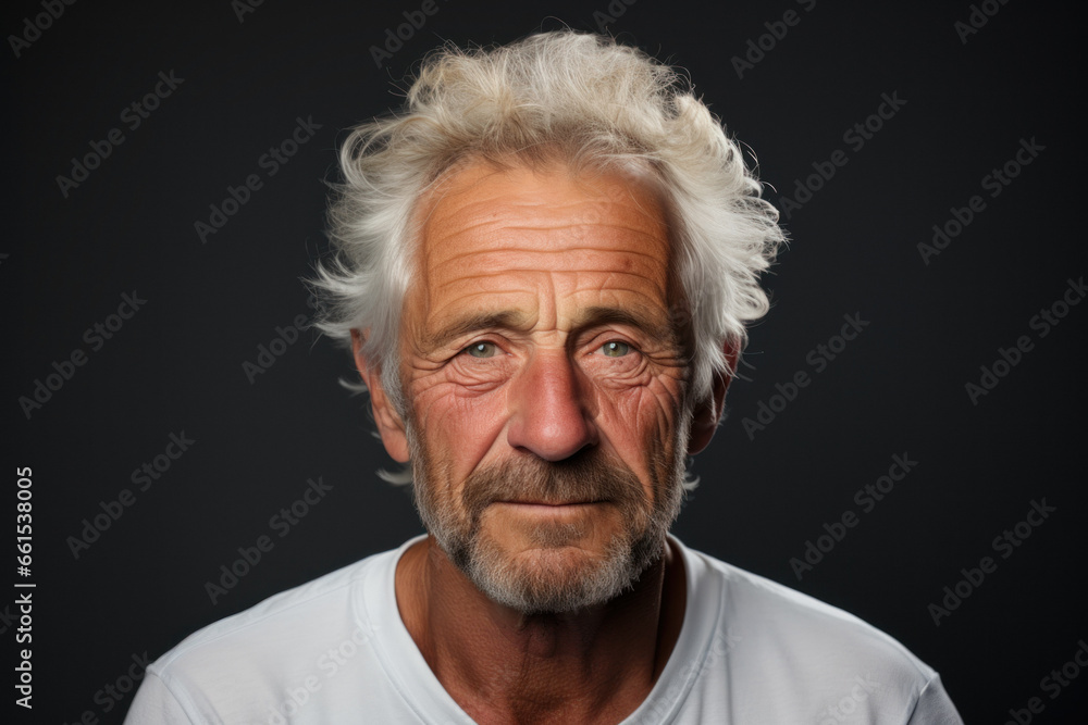 Caucasian senior bearded man in white t-shirt on dark gray background Caucasian senior bearded man in white t-shirt on dark gray background