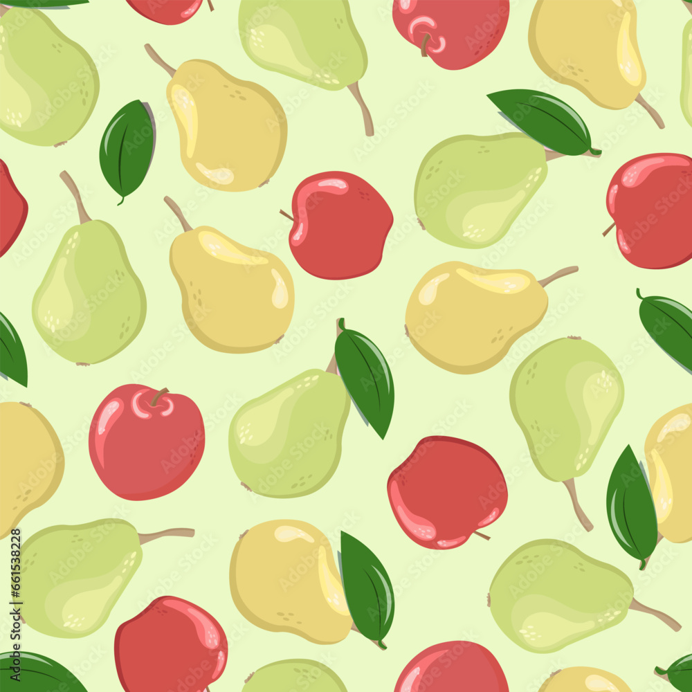 Green and yellow pears and red apples seamless pattern hand drawn in doodle style for print, background, poster, card, banner, cover. Green and yellow pears and red apples seamless pattern hand drawn in doodle style for print, background, poster, card, banner, cover.