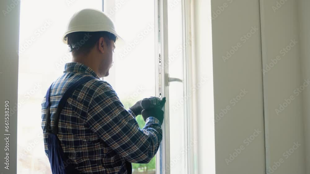 Indian workman in uniform installing or adjusting plastic windows in the living room at home Indian workman in uniform installing or adjusting plastic windows in the living room at home