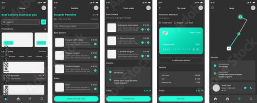 Fast Food and Hamburguer take away , delivery food, Burguer Restaurant Black App Ui Kit Dark Template