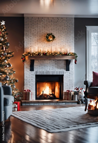 Focus on large white brick fireplace with warm fire in modern American interior with contemporary Christmas decor  and snow covered exterior viewable through windows in background.