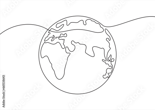 Globe. Earth globe one line drawing of world map minimalist vector illustration isolated on white background. Continuous line drawing.