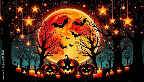 Enchanting Halloween night scene with glowing pumpkins  shimmering stars  flying bats  and eerie trees against a radiant moon backdrop. Perfect for festive designs and spooky settings. Generative AI.