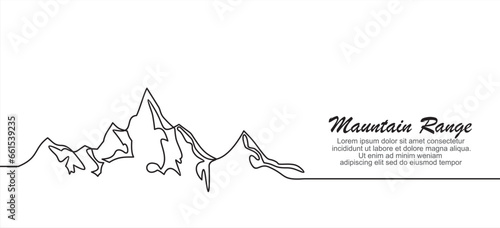 One continuous line drawing of mountain range landscape. Web banner with mounts and high peak in simple linear style. Adventure winter sports and hiking tourism concept. Vector illustration