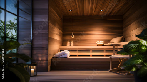 Transport viewers into a tranquil oasis with a stunning photograph of a modern sauna interior. Highlight the detailed woodwork, ambient lighting, and minimalist design that define the ultimate relaxat © CanvasPixelDreams