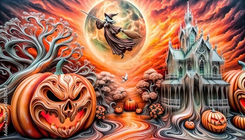 Dramatic Halloween scene with a flying witch, intricate pumpkin designs, a mesmerizing castle, and fiery skies. Ideal for impactful Halloween-themed projects and designs.. Generative AI.