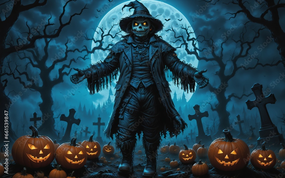Horror night, Halloween background with evil pumpkin and bats in the cemetery, haunted house Horror night, Halloween background with evil pumpkin and bats in the cemetery, haunted house
