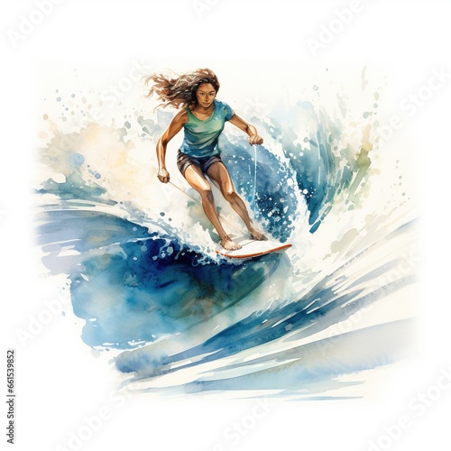 Woman surfing watercolor painting, white background. © LaxmiOwl