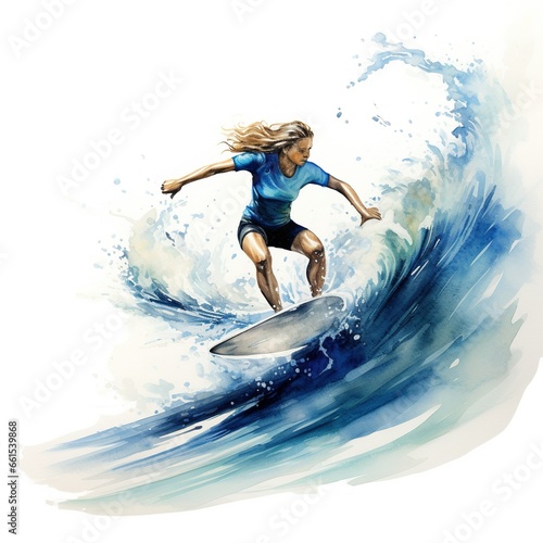 Woman surfing watercolor painting, white background.