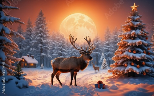 Santa s reindeer  Christmas Christmas mood picture  Christmas card  Christmas tree with gifts