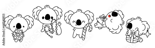 Set of Vector Christmas Koala Bear Coloring Page. Collection of Kawaii New Year Animal Outline.