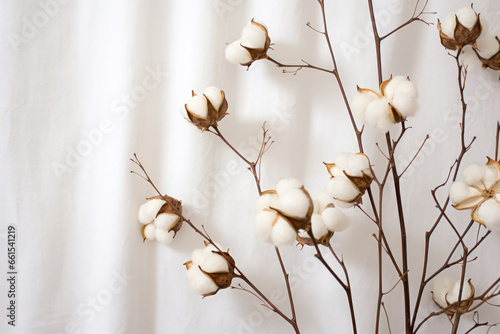 Cotton branch on white fabric background. Flat lay, top view.
