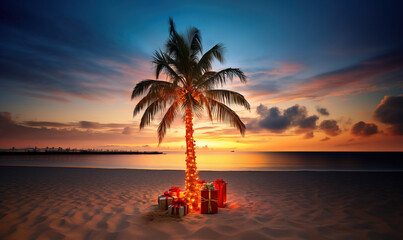Palm tree in Christmas decoration with presents on exotic beach at night