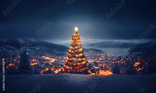 Bright christmas tree shining on top of hill above village © IBEX.Media