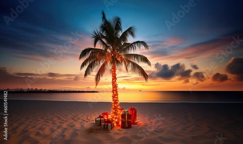 Palm tree in Christmas decoration with presents on exotic beach at night