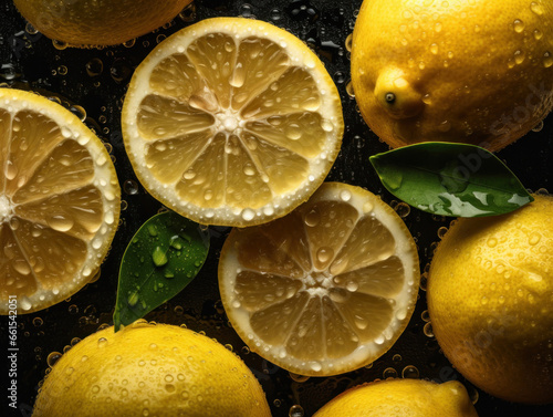 Fresh lemon with water drops Full frame background top view