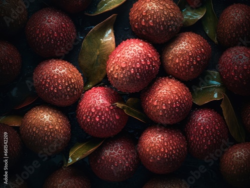 Fresh lychee with water drops Full frame background top view