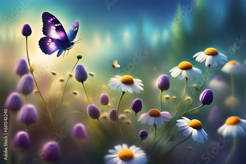 Beautiful meadow with daisies and butterfly  nature background. Generative AI