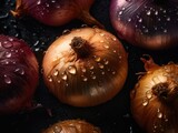 Fresh onion with water drops Full frame background top view