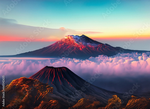 Beautiful sunrise over Mount Bromo, Java island, Indonesia. Generative AI