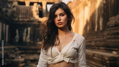 Woman dressed in the style of the 70s posing among the ruins of Angkor Wat © LaxmiOwl