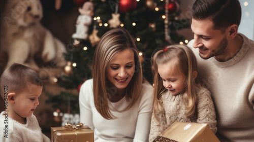 Happy children and satisfied parents open Christmas gifts. Merry Christmas and Merry New Year concept.