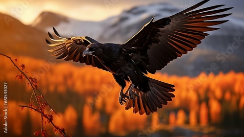 Majestic Raven's Flight over Norway's Autumnal Tapestry and Snow-Capped Peaks