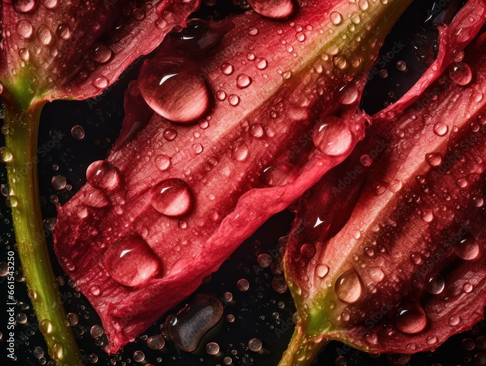 Fresh rhubarb with water drops Full frame background top view Fresh rhubarb with water drops Full frame background top view