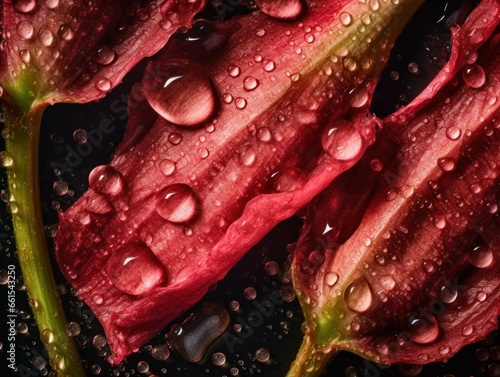 Fresh rhubarb with water drops Full frame background top view
