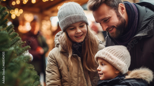 Happy family of LGBT gay couples with children and parents choose a New Year tree at the Christmas tree market. Merry Christmas and Merry New Year concept.