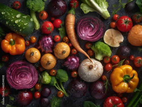 Fresh various vegetables with water drops Full frame background top view