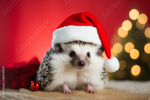 Cute festive Christmas hedgehog wearing a Santa hat