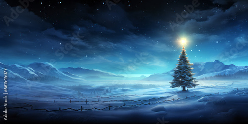 lonely Christmas Tree in night with lights at the snowfield