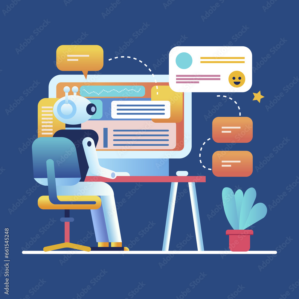 Machine learning, ai chatbot, flat vector illustration. Flat design. Machine learning, ai chatbot, flat vector illustration. Flat design.