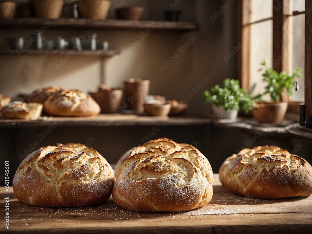 Freshly full unstarted breads placed meticulously on a robust wooden table.